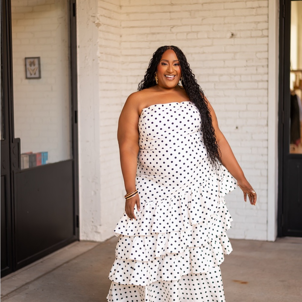 Eloquii Strapless White and Black Polka Dot Dress